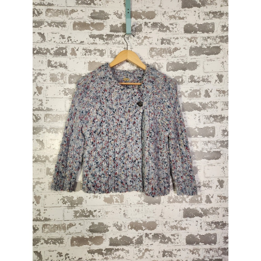 ONE GIRL WHO Mohair Blend Cardigan Small‎ Blue Chunky Cropped Retro Chic Cozy